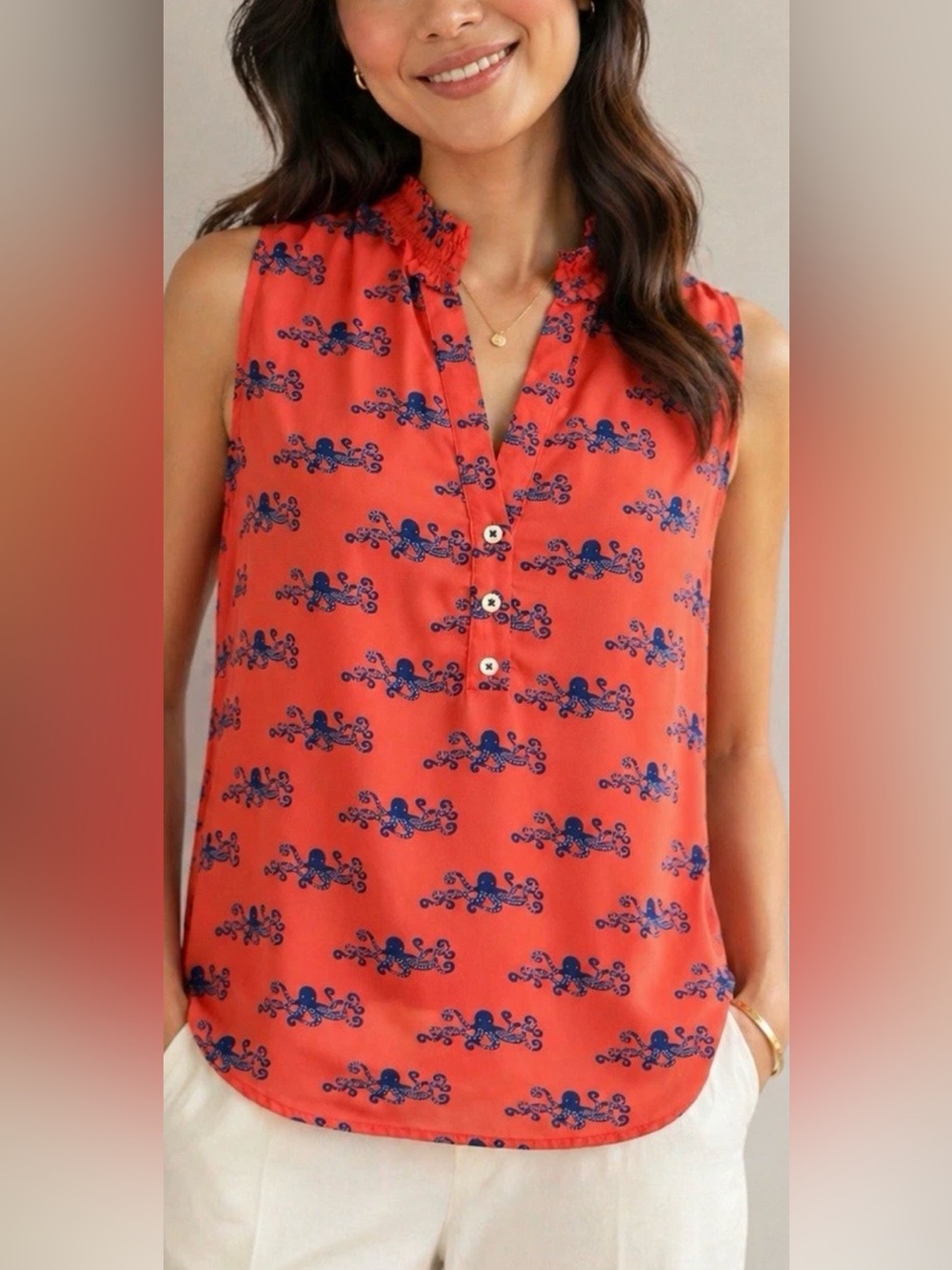 Anthropologie Maeve Fitz Salmon Coral & Blue Sleeveless Octopus Blouse Size 2